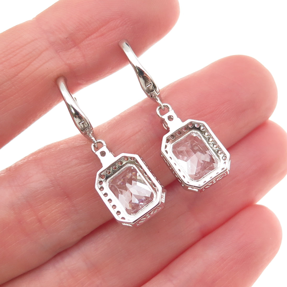 925 Sterling Silver Radiant & Round-Cut C Z Dangle Earrings