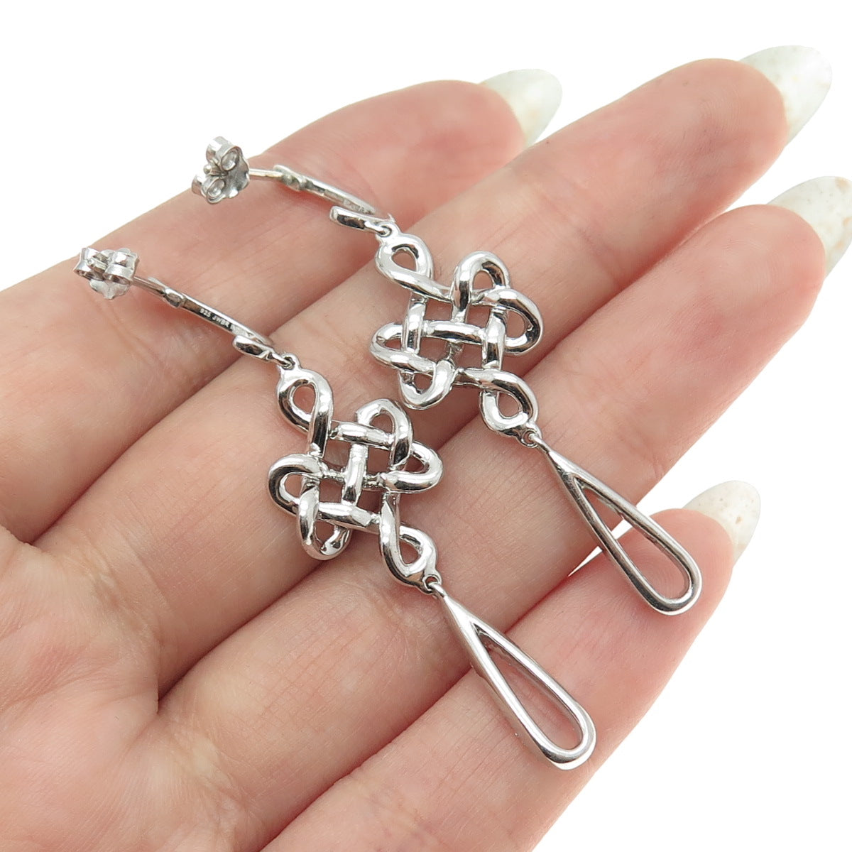 JANE SAYMOUR 925 Sterling Silver Real White Diamond Celtic Dangle Earrings