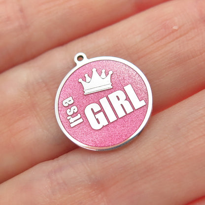 925 Sterling Silver Pink Enamel It's a Girl Crown Round Minimalist Charm Pendant