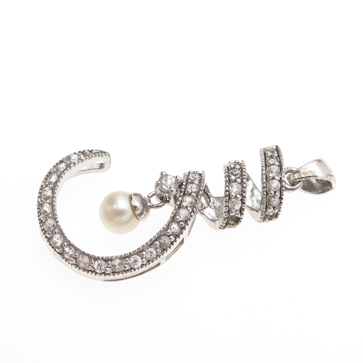 925 Sterling Silver Real Pearl & C Z Twisted Hook Charm Pendant