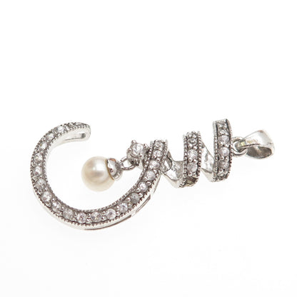 925 Sterling Silver Real Pearl & C Z Twisted Hook Charm Pendant