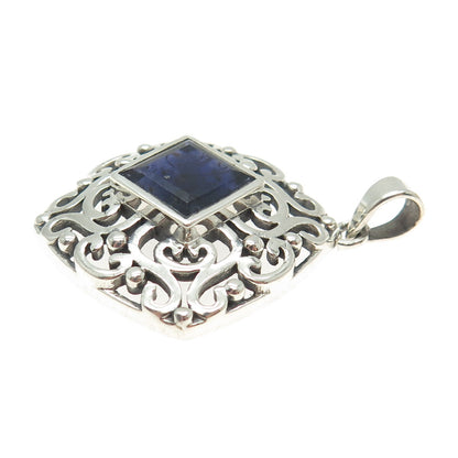 925 Sterling Silver Vintage Real Iolite Gemstone Swirl Ornate Pendant