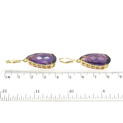 925 Sterling Silver Gold Plated Real Pear-Cut Amethyst Dangling Earrings