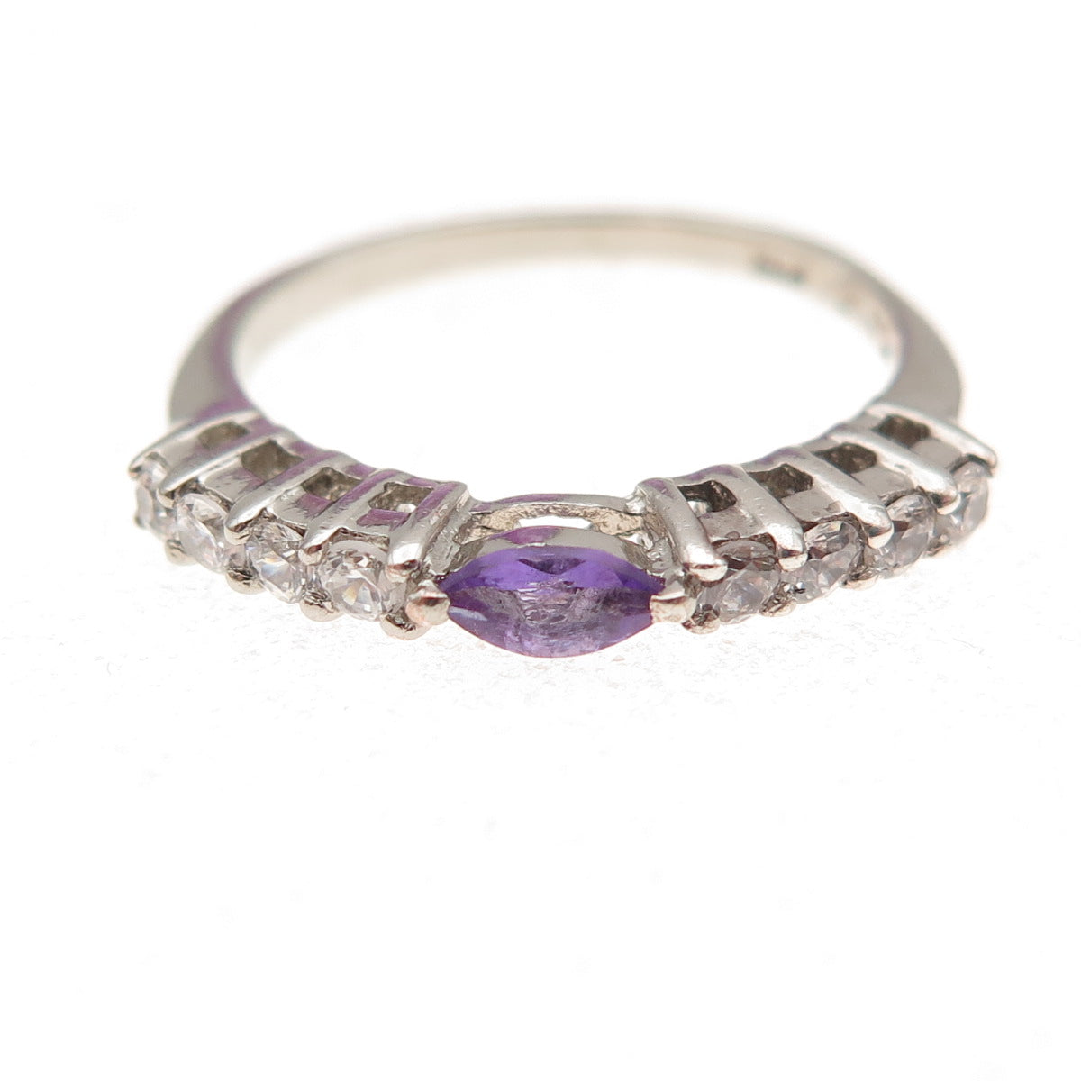 925 Sterling Silver Real Amethyst & C Z Stackable Ring Size 6