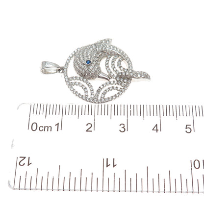 925 Sterling Silver Round-Cut Blue & White C Z Dolphin Charm Pendant
