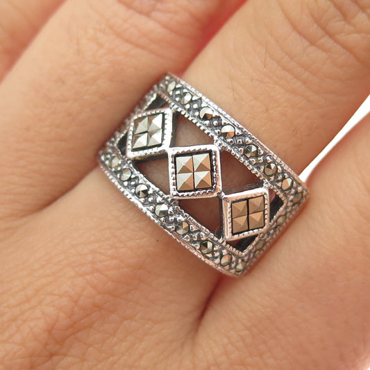925 Sterling Silver Vintage Real Marcasite Art Deco Style Ring Size 9