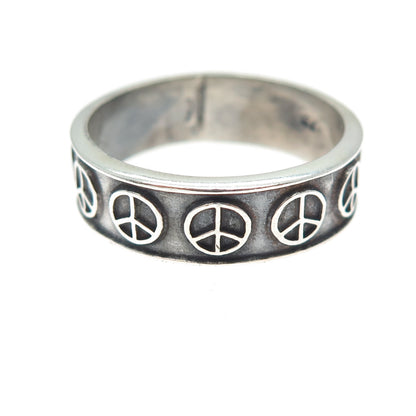 925 Sterling Silver Vintage Mexico Peace Symbol Oxidized Band Ring Size 12.25