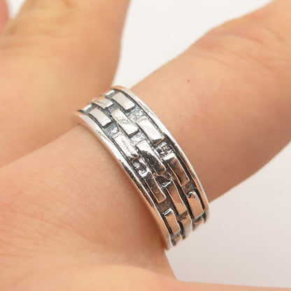 925 Sterling Silver Vintage Brick Band Ring Size 9