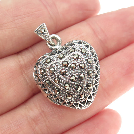 925 Sterling Silver Vintage Real Marcasite Gemstone Heart Locket Pendant