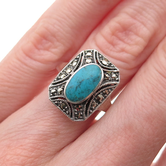 925 Sterling Silver Vintage Real Turquoise & Marcasite Oxidized Ring Size 5.75
