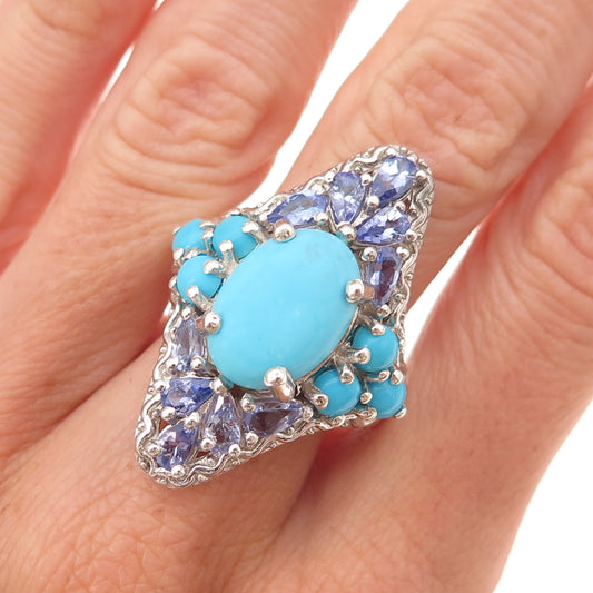 Chuck Clemency 925 Sterling Silver Real Turquoise & Tanzanite Ring Size 8.25