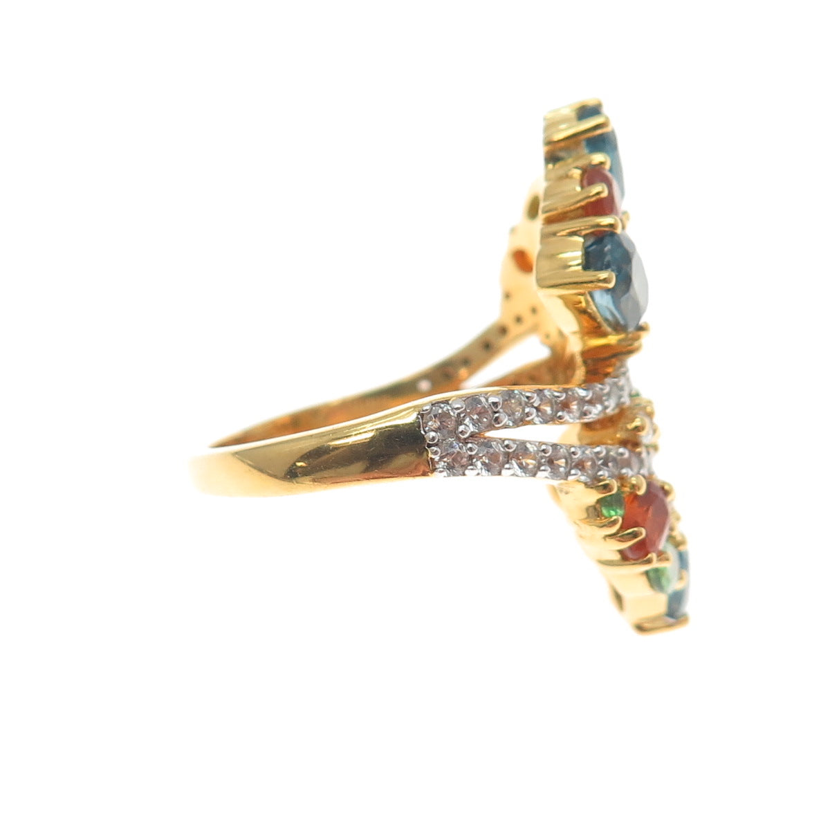 925 Sterling Gold Plated Blue White Topaz & Fire Tsavorite Garnet Ring Size 7.5
