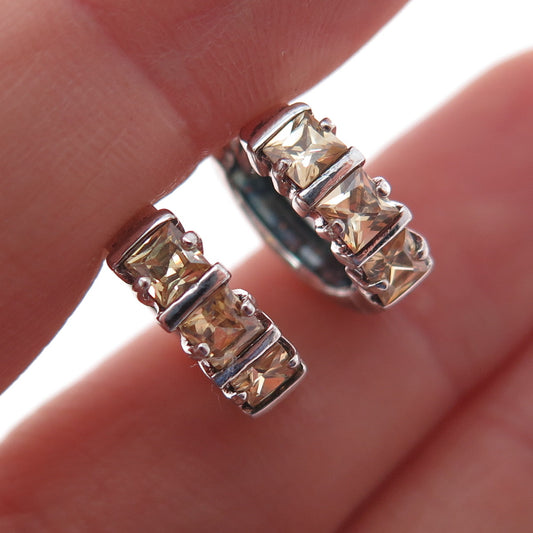 925 Sterling Silver Vintage Princess-Cut Canary C Z Hoop Earrings