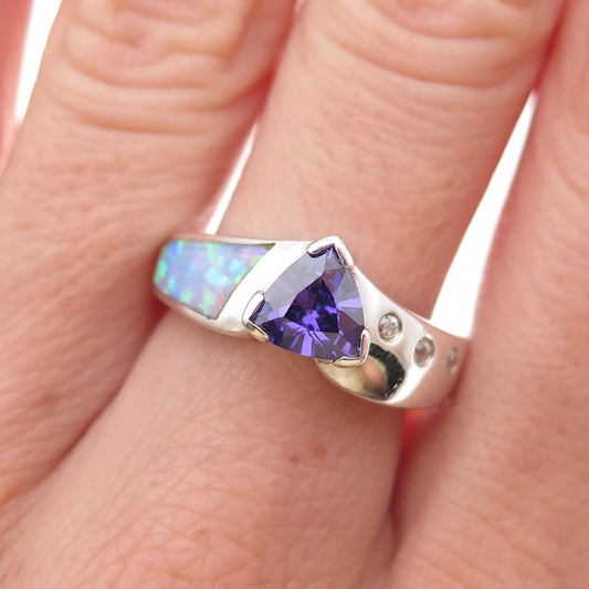 925 Sterling Silver Real Amethyst Opal & C Z Ring Size 8