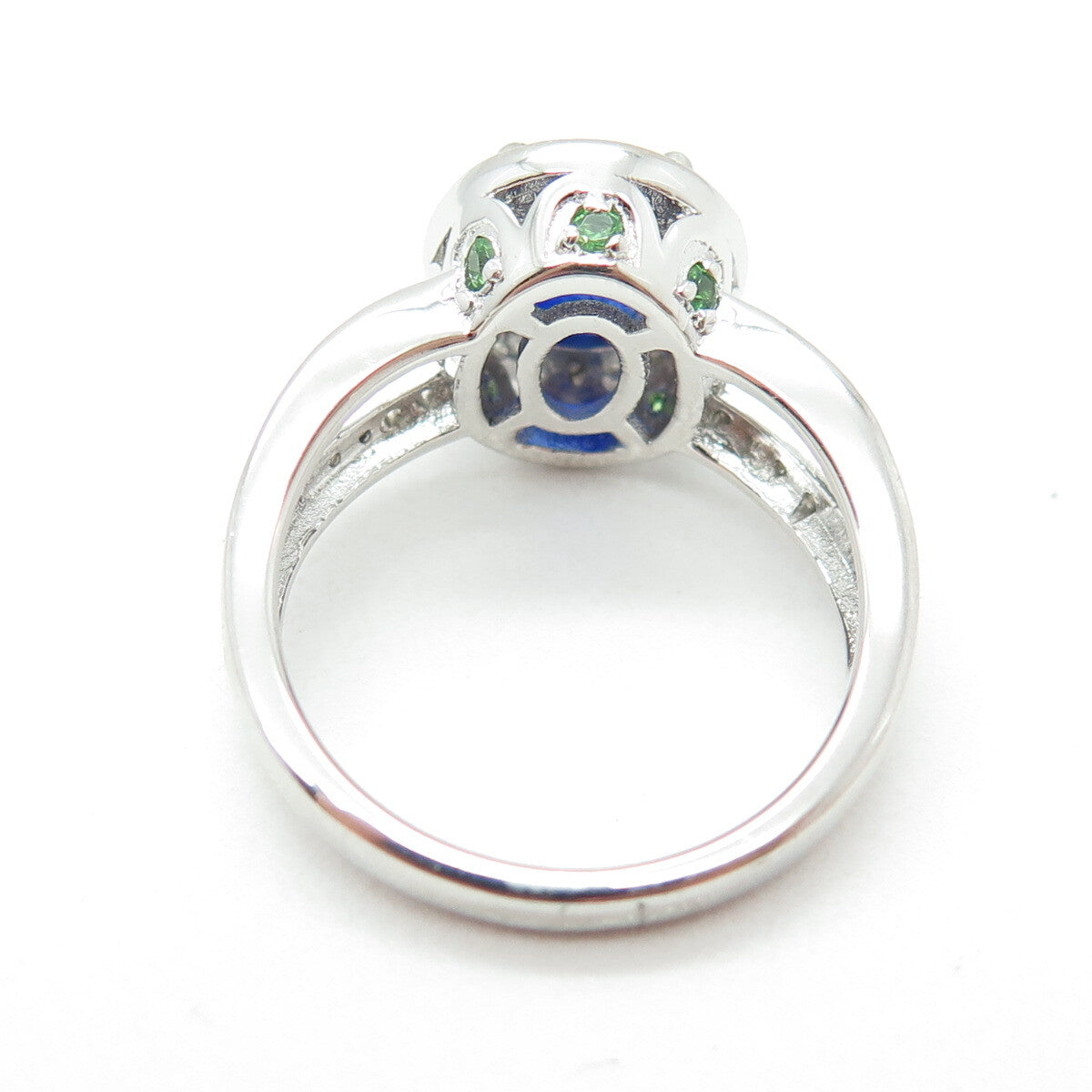 DSMK 925 Sterling Silver Sapphire White Topaz & Chrome Diopside Gem Ring Size 7