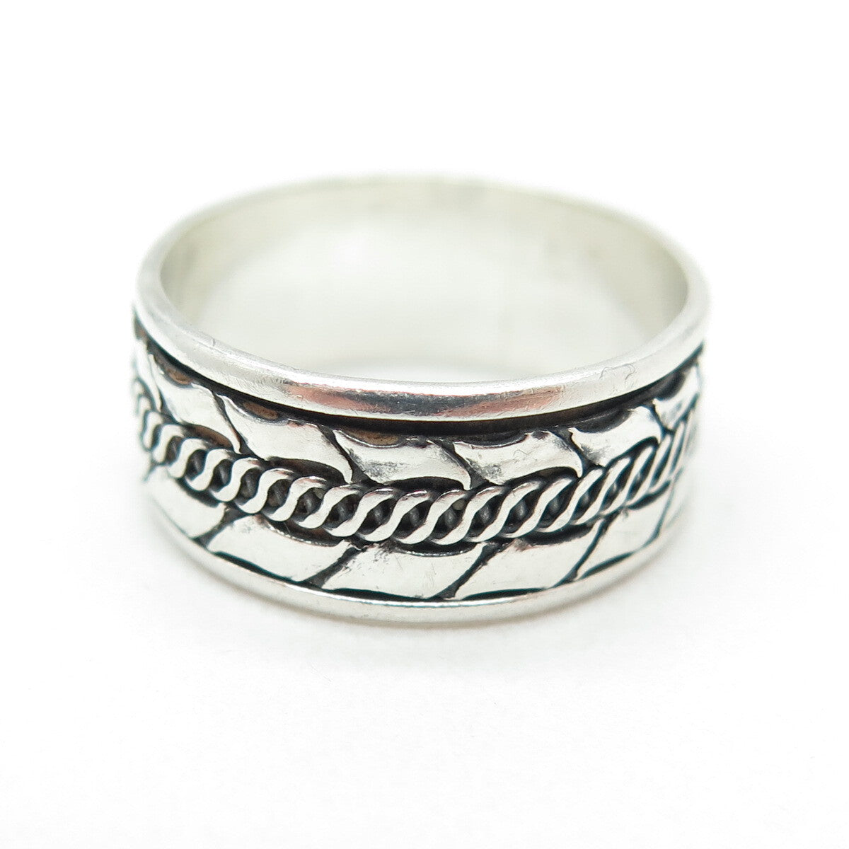 925 Sterling Silver Vintage Modernist Link Band Oxidized Ring Size 7.5