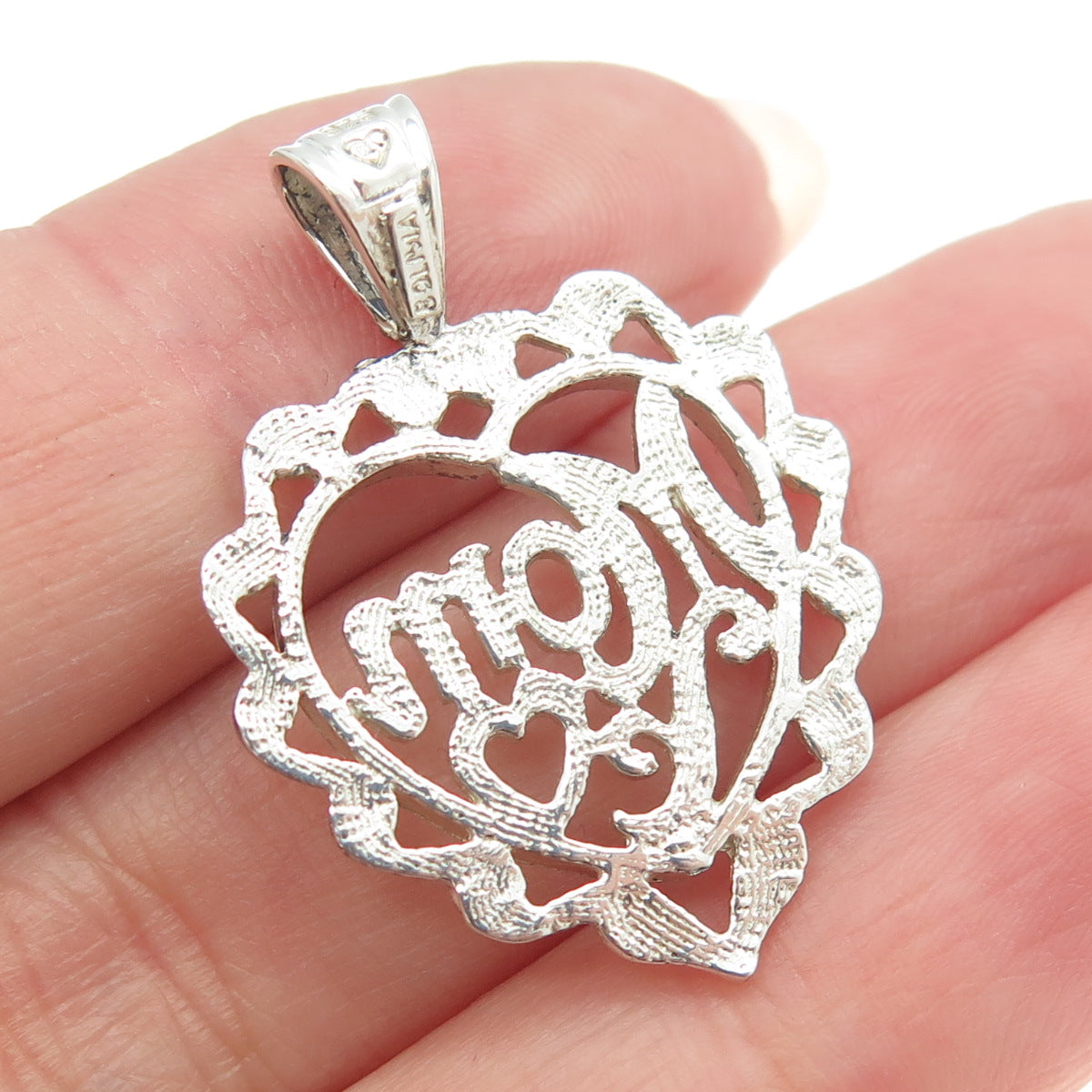 925 Sterling Silver Vintage Bolivia "Mom" Love Heart Pendant