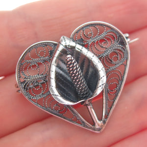 925 Sterling Silver Antique Art Deco Calla Lily Filigree Heart Oxidized Brooch