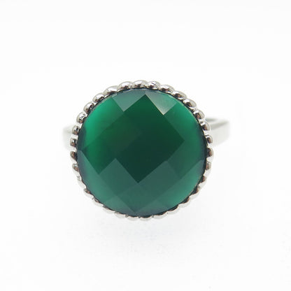 925 Sterling Silver Real Checkered Green Onyx Gem Ribbed Dome Ring Size 7