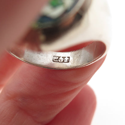 925 Sterling Silver Vintage China Real Opal Inlay Oxidized Ring Size 7.5