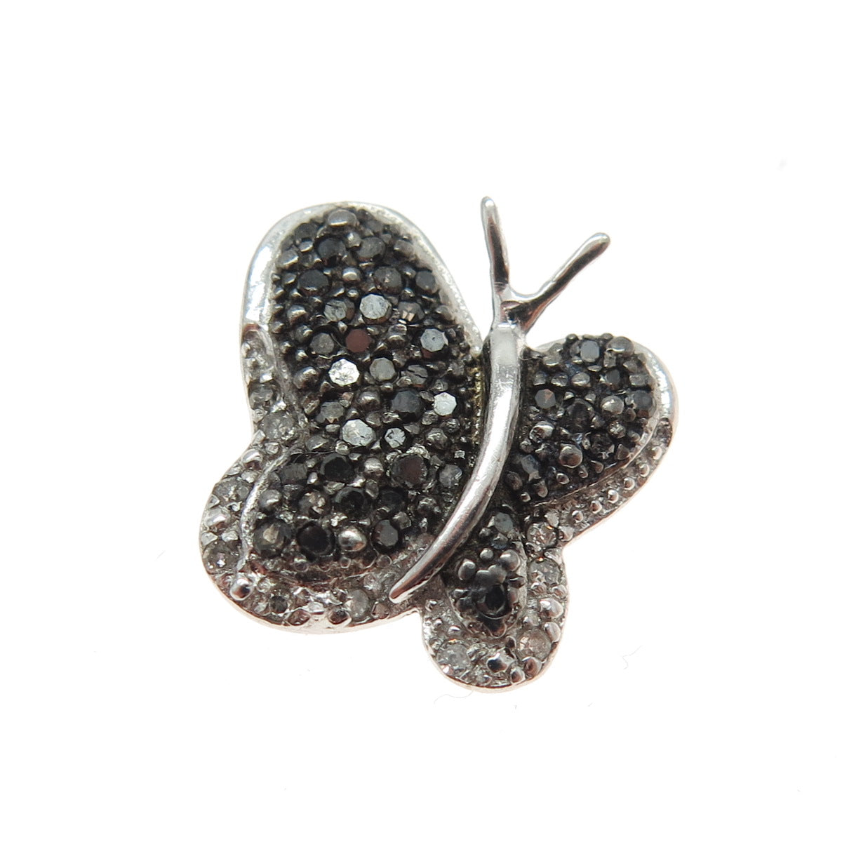 925 Sterling Silver Real Black White Diamond Butterfly Minimalist Slide Pendant