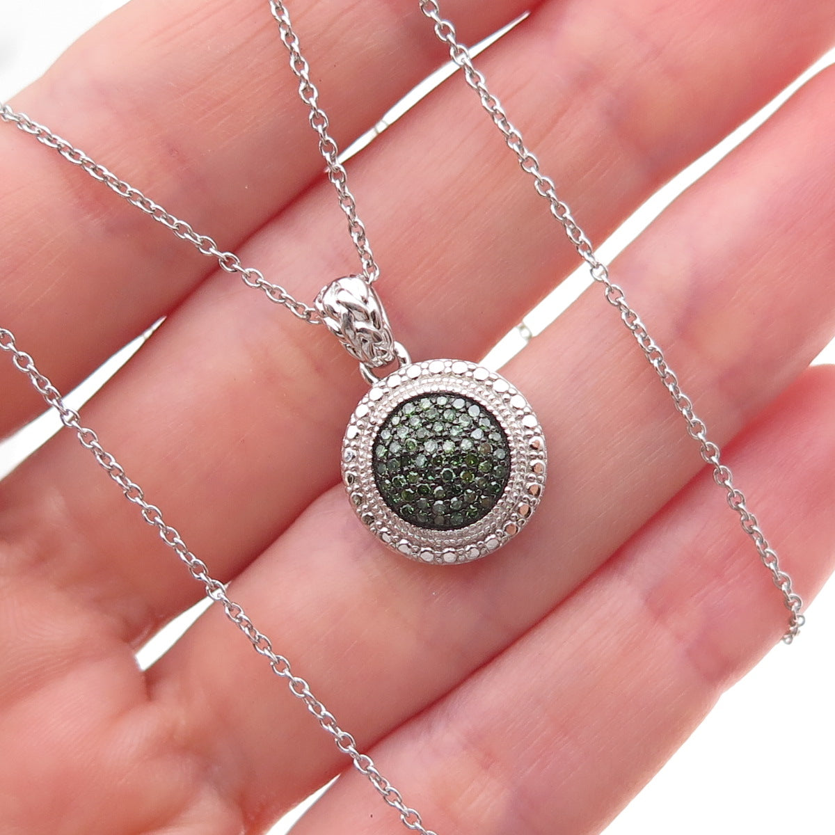 925 Sterling Silver Real Round-Cut Green Diamond Cable Chain Necklace 18"