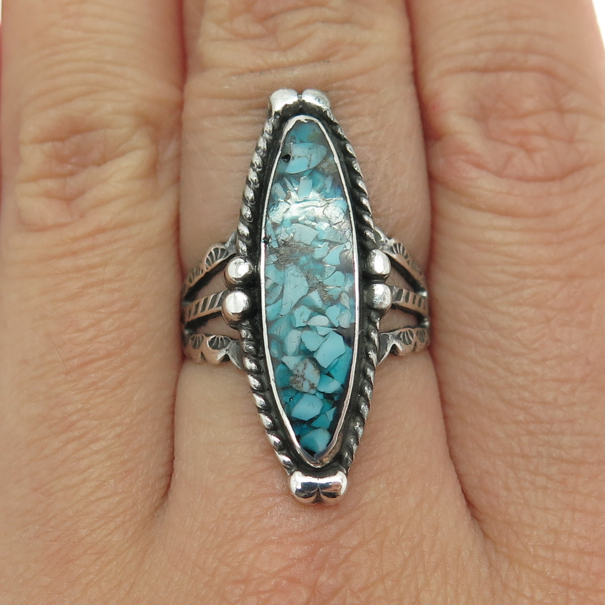 Old Pawn 925 Sterling Silver Vintage Turquoise Inlay Tribal Ring Size 7.25