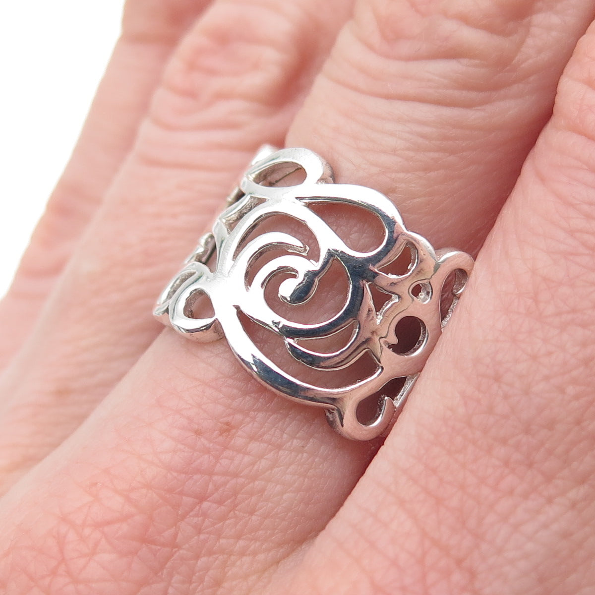 925 Sterling Silver Vintage Modernist Rose Flower Ring Size 7.25