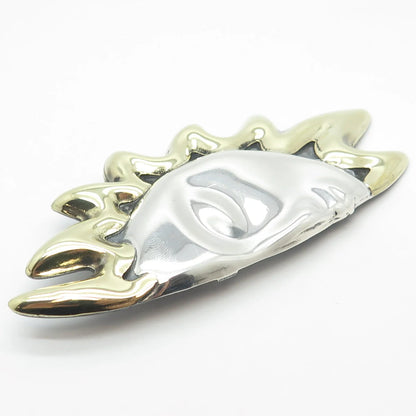925 Sterling Silver 2-Tone Vintage Mexico Half Face Sun Pin Brooch