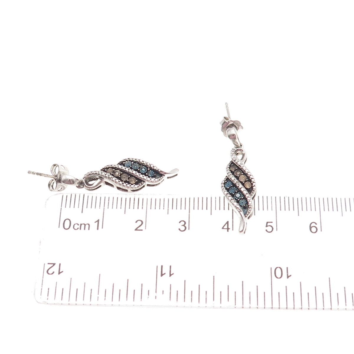 925 Sterling Silver Real Round-Cut Blue & Champagne Diamond Dangle Earrings