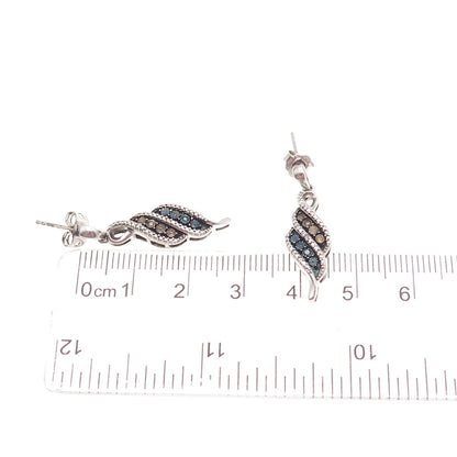 925 Sterling Silver Real Round-Cut Blue & Champagne Diamond Dangle Earrings