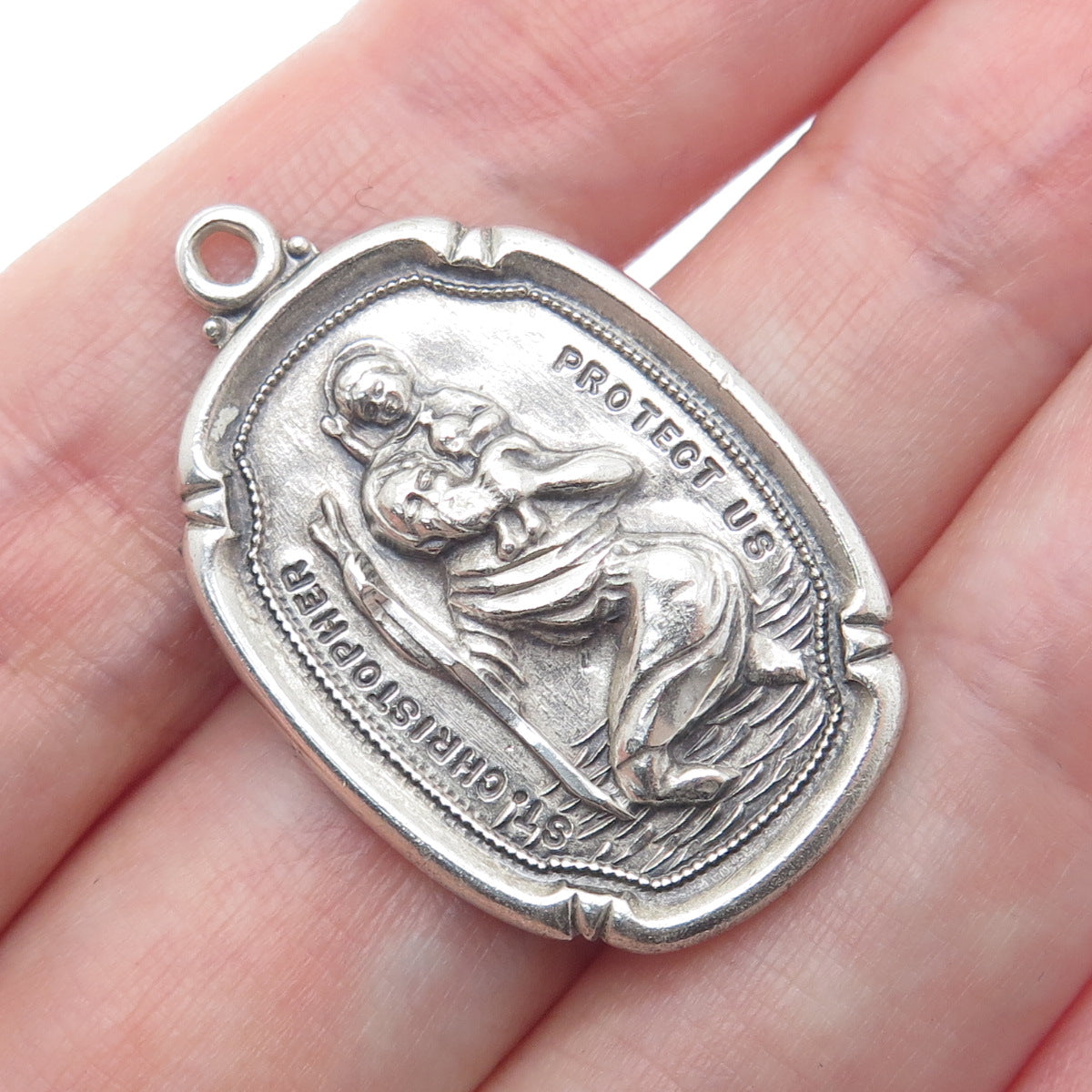 THEDA 925 Sterling Silver Antique St. Christopher Religious Oxidized Pendant