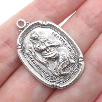 THEDA 925 Sterling Silver Antique St. Christopher Religious Oxidized Pendant