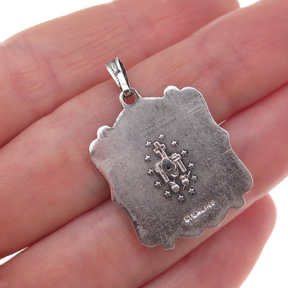 925 Sterling Silver Antique Art Deco Real MOP & Marcasite St. Mary Charm Pendant