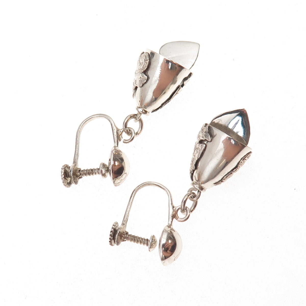925 Sterling Silver Antique Art Deco Siam Hindu Goddess Bell Screw Back Earrings