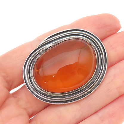 835 Silver Vintage Czechia Real Amber Modernist Oxidized Pin Brooch