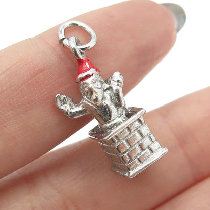 925 Sterling Silver Vintage Red Enamel Santa Chimney 3D Pendant