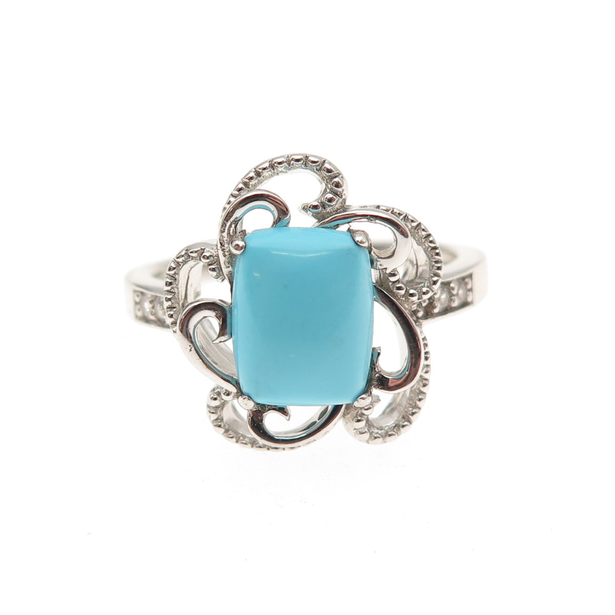 925 Sterling Silver Real Turquoise & White Topaz Floral Ring Size 8