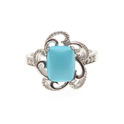 925 Sterling Silver Real Turquoise & White Topaz Floral Ring Size 8
