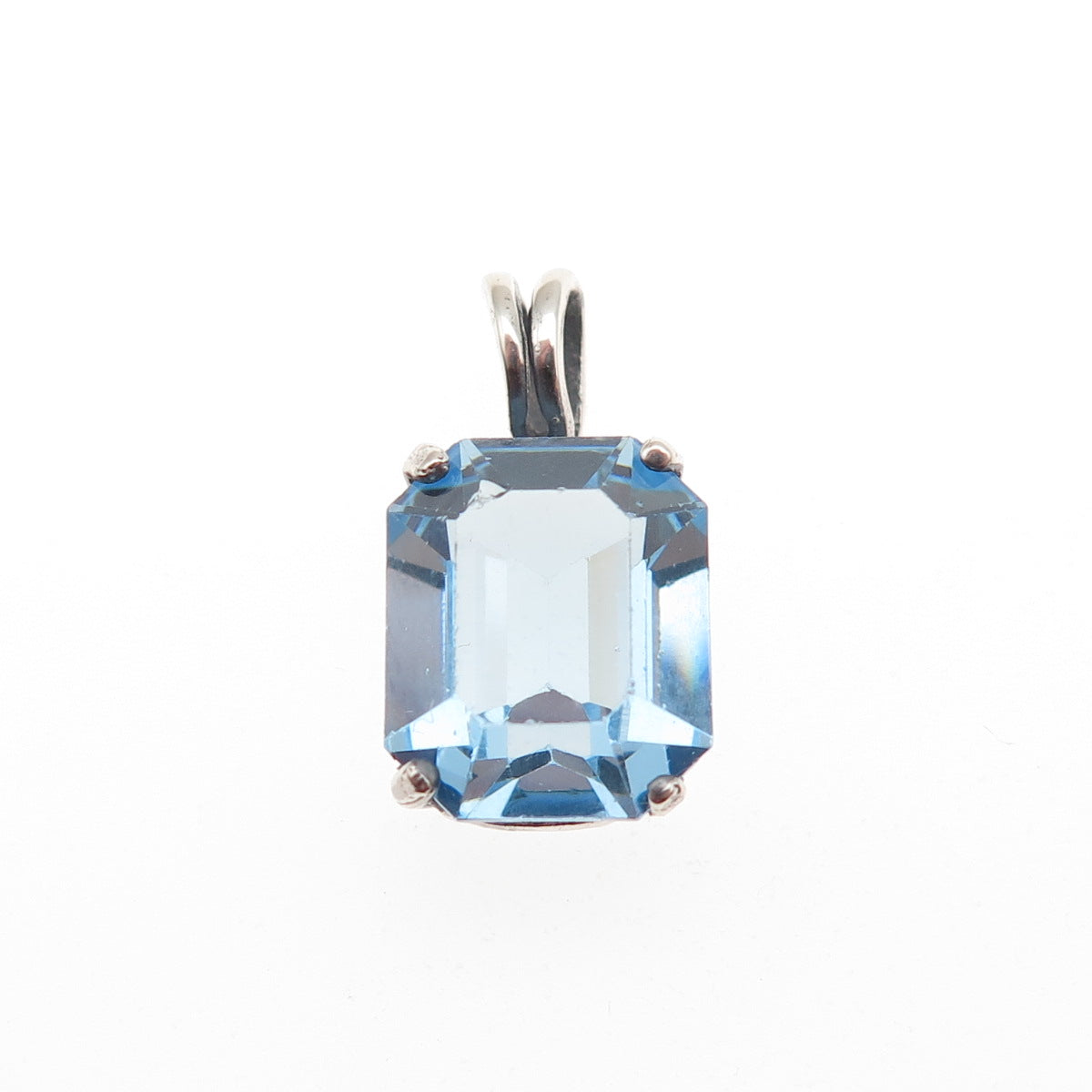 925 Sterling Silver Vintage Emerald-Cut Blue C Z Mini Charm Pendant