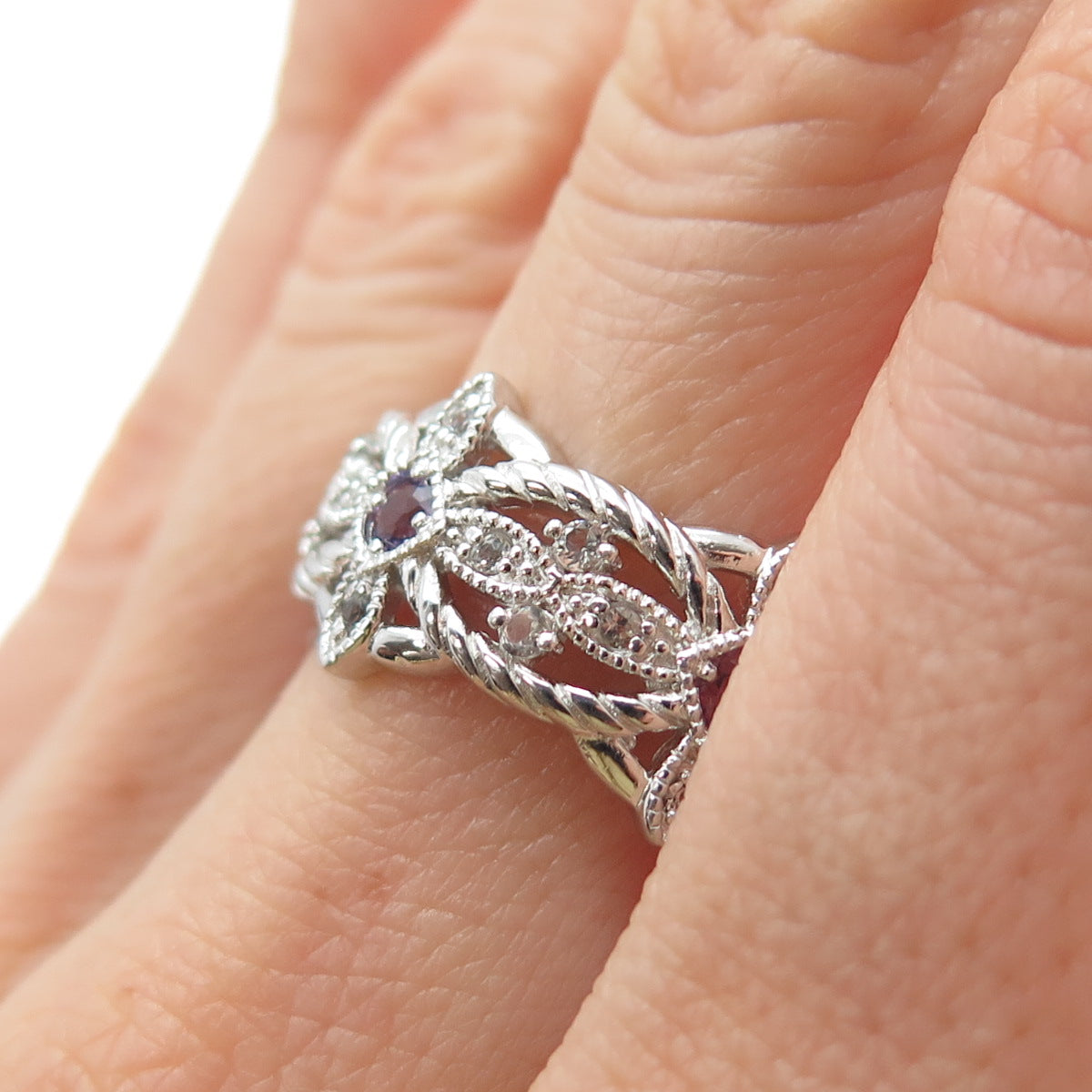 LENOX 925 Sterling Silver Vintage Real Amethyst & White Topaz Ring Size 9.25