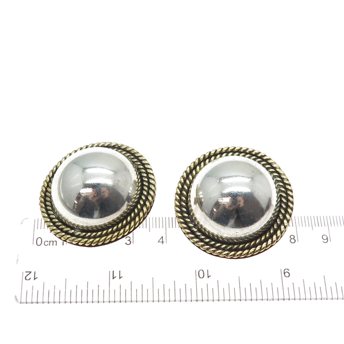 925 Sterling Silver 2-Tone Vintage Mexico Modernist Dome Clip On Earrings