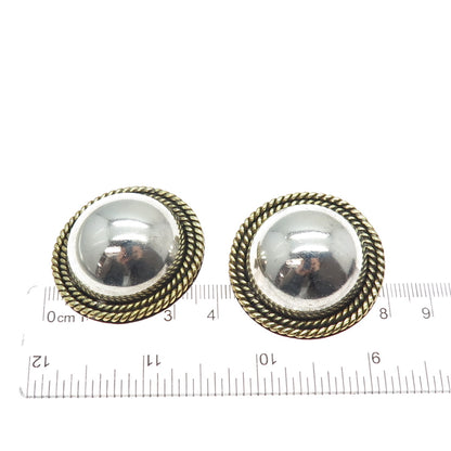 925 Sterling Silver 2-Tone Vintage Mexico Modernist Dome Clip On Earrings