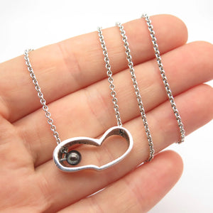 925 Sterling Silver Vintage Be Well Real Pearl Heart Rolo Chain Necklace 17"