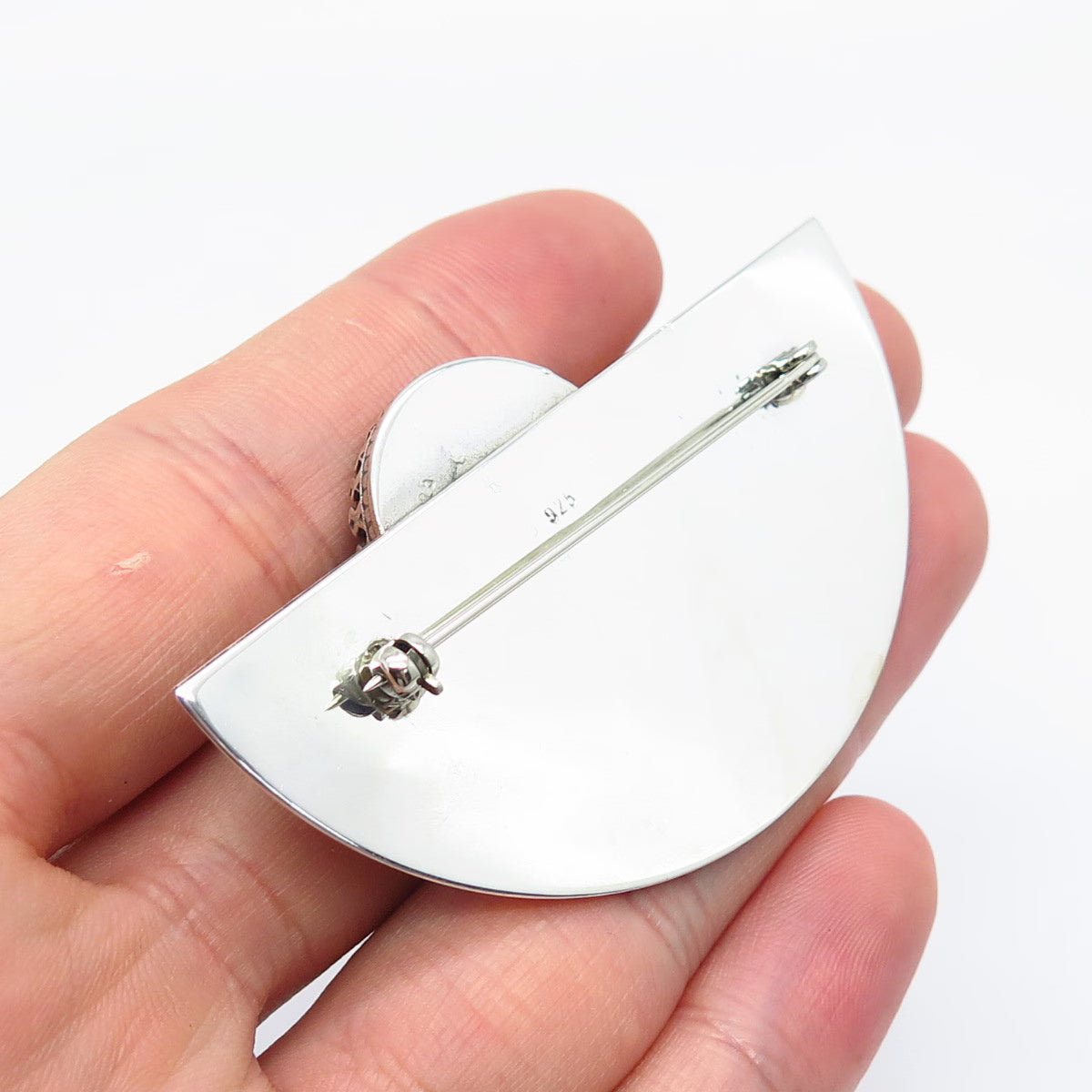925 Sterling Silver Vintage Real Carnelian Gemstone Textured Pin Brooch
