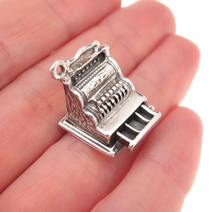 925 Sterling Silver Antique Art Deco Cash Register Oxidized 3D Charm Pendant