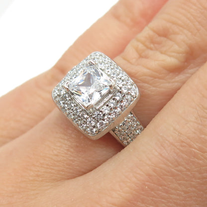 925 Sterling Silver Princess & Round-Cut C Z Engagement Ring Size 6.5