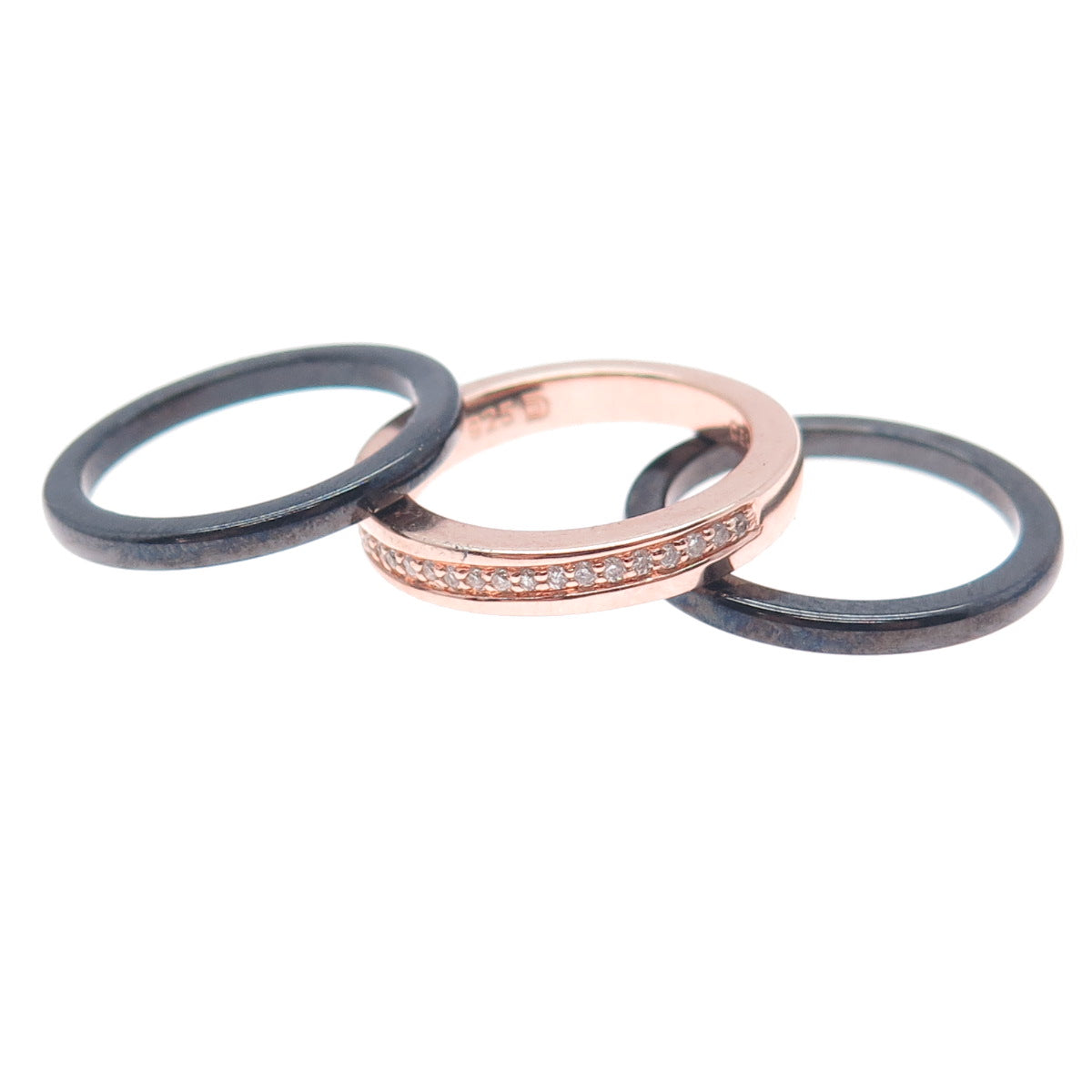 925 Sterling Silver & Ceramic Real Diamond SET of 3 Stackable Band Ring Size 6