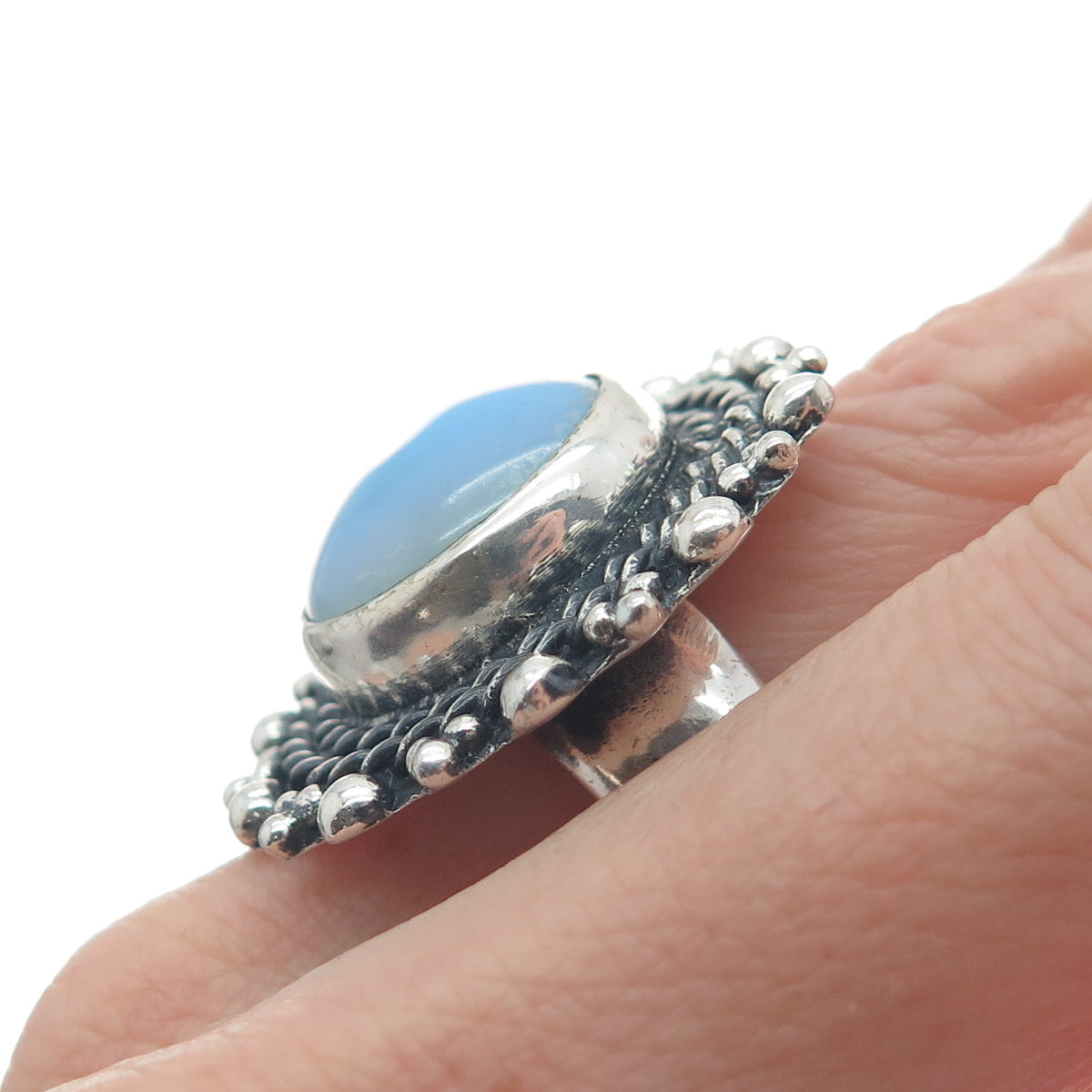 925 Sterling Silver Vintage Real Opalite Roped Beaded Sun Oxidized Ring Size 8.5