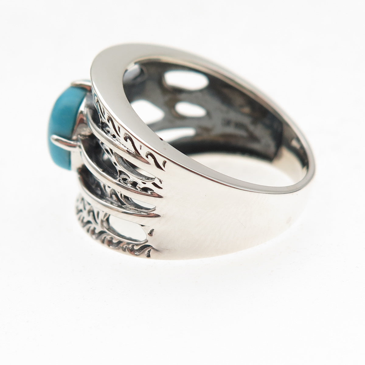 925 Sterling Silver Real Sleeping Beauty Turquoise Floral Oxidized Ring Size 8